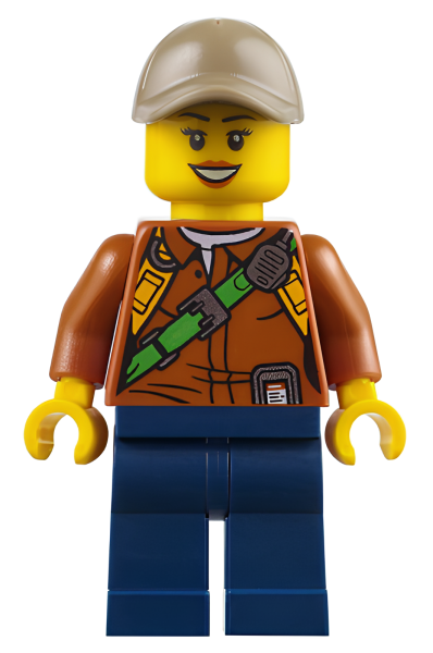 Минифигурка Lego City Jungle Explorer Female - Dark Orange Shirt with Green Strap, Dark Blue Legs, Dark Tan Cap with Hole, Black Eyebrows cty0804